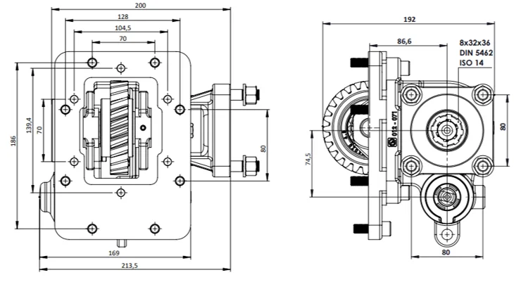 CTM 70 BC1 PTO teknik çizimi — kesit, ölçü ve montaj şeması