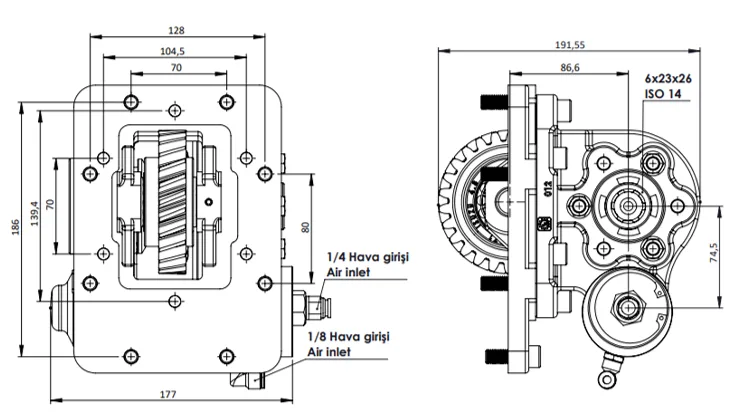CTM 071 BC2 KV PTO teknik çizimi — kesit, ölçü ve montaj şeması