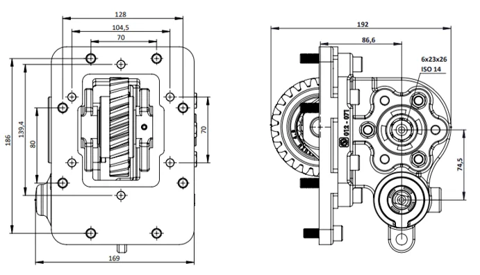 CTM 071 BC2 PTO teknik çizimi — kesit, ölçü ve montaj şeması