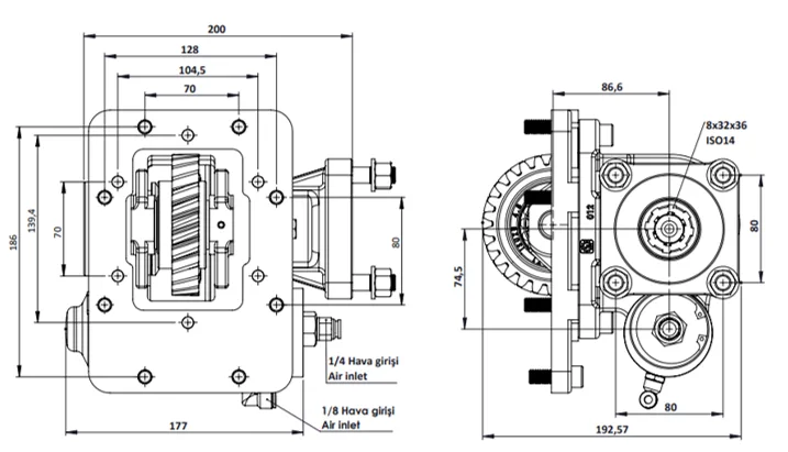 CTM 071 BC1 KV PTO teknik çizimi — kesit, ölçü ve montaj şeması