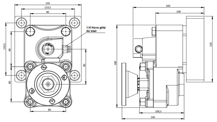 CTM 072 AD1 PTO teknik çizimi — kesit, ölçü ve montaj şeması