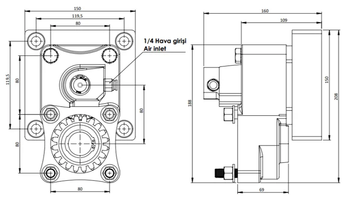 CTM 072 AC1 PTO teknik çizimi — kesit, ölçü ve montaj şeması