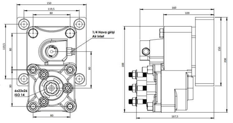 CTM 072 AC2 PTO teknik çizimi — kesit, ölçü ve montaj şeması