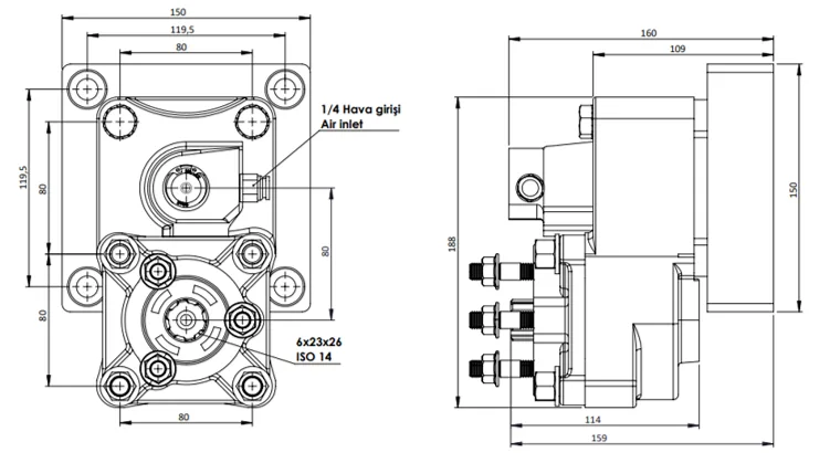 CTM 072 AE PTO teknik çizimi — kesit, ölçü ve montaj şeması