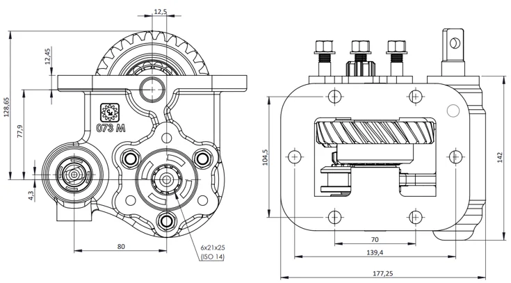 CTM 073 BE PTO teknik çizimi — kesit, ölçü ve montaj şeması