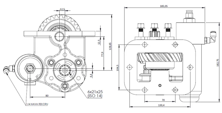 CTM 073 BE KV PTO teknik çizimi — kesit, ölçü ve montaj şeması