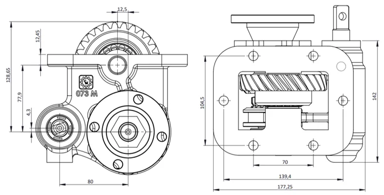 CTM 073 BD PTO teknik çizimi — kesit, ölçü ve montaj şeması