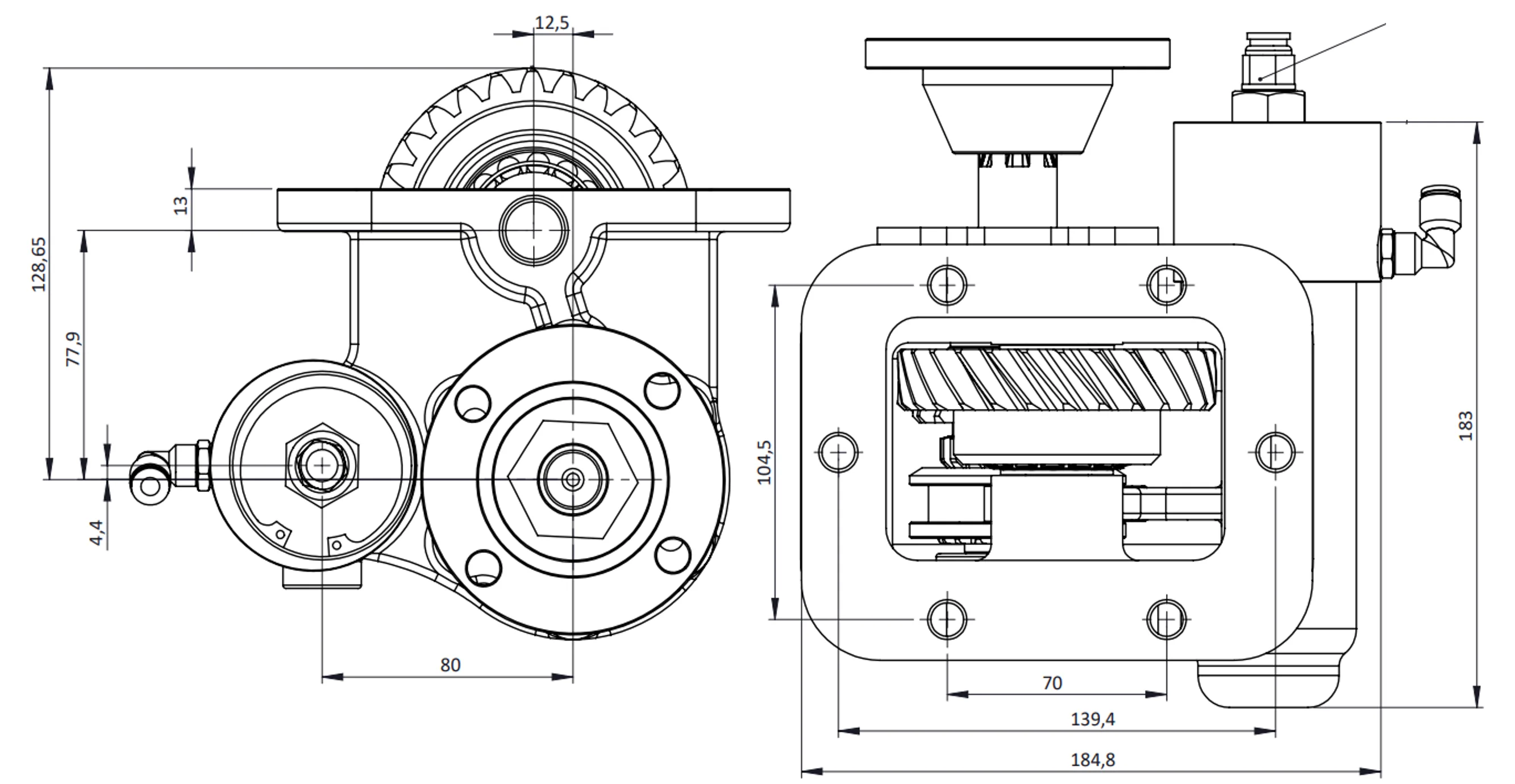 CTM 073 BD KV PTO teknik çizimi — kesit, ölçü ve montaj şeması
