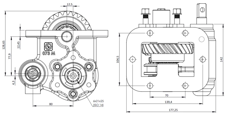 CTM 073 BC2 PTO teknik çizimi — kesit, ölçü ve montaj şeması