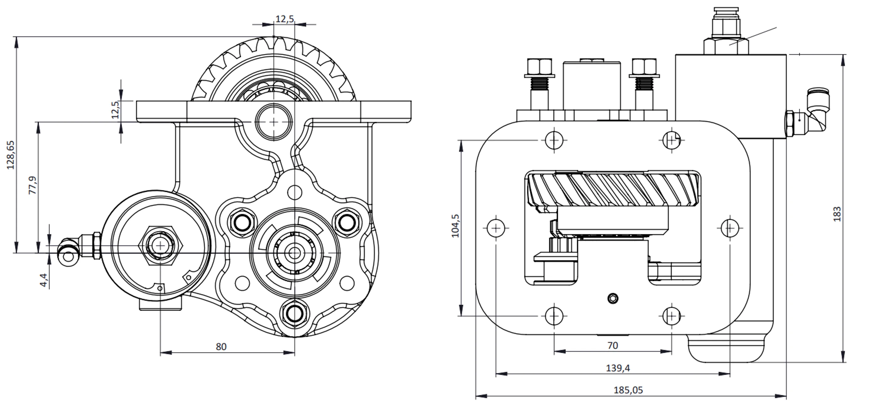 CTM 073 BC2 KV PTO teknik çizimi — kesit, ölçü ve montaj şeması