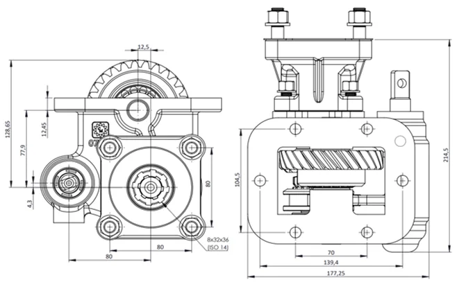 CTM 073 BC1 PTO teknik çizimi — kesit, ölçü ve montaj şeması