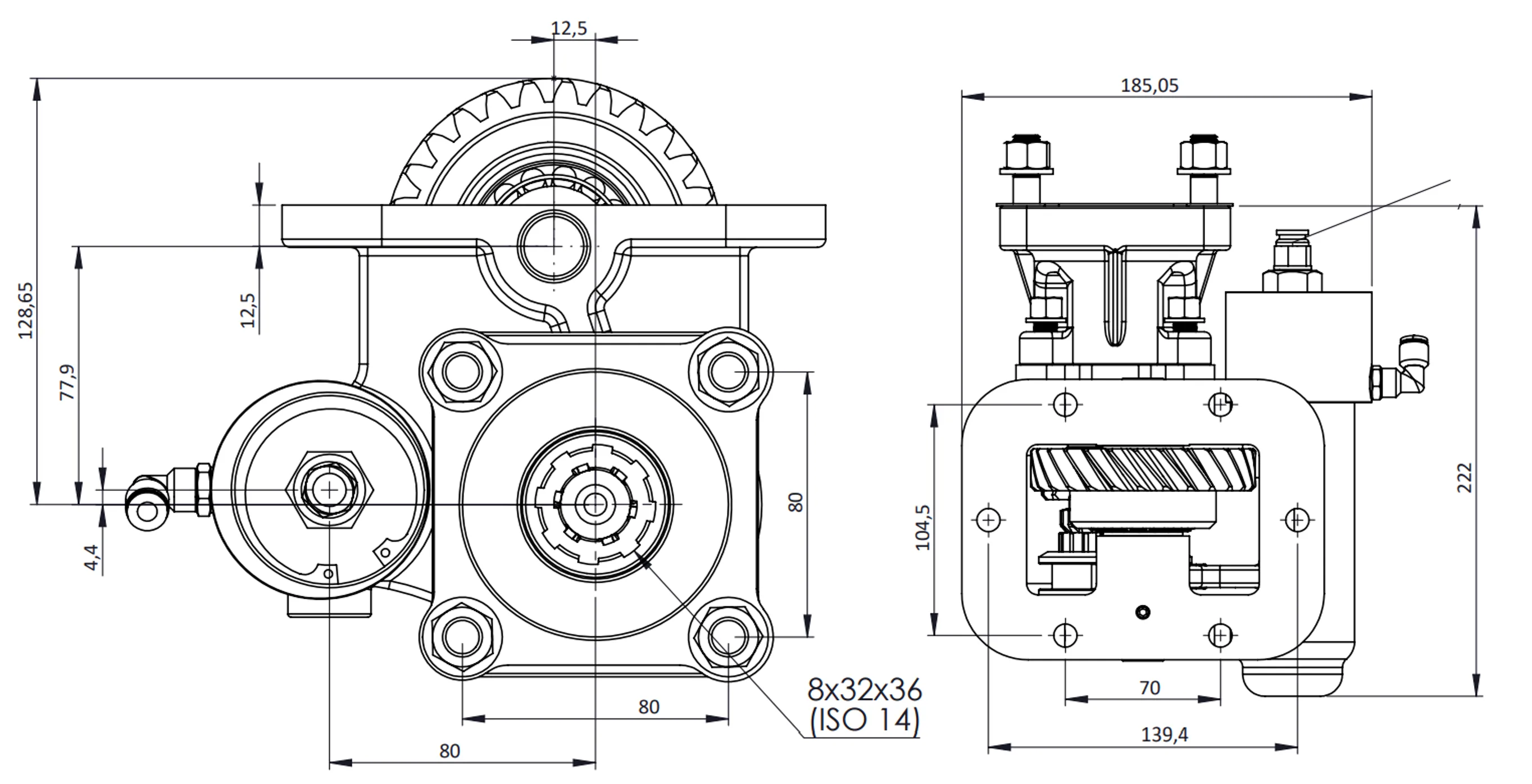 CTM 073 BC1 KV PTO teknik çizimi — kesit, ölçü ve montaj şeması