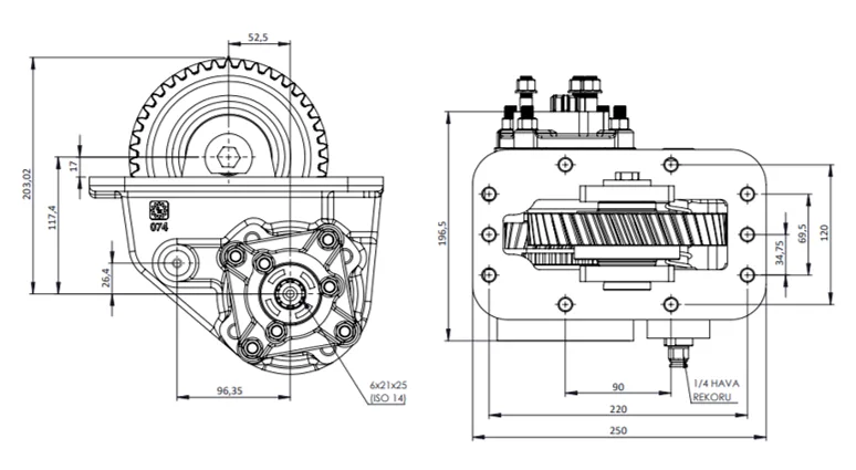 CTM 074 AE PTO teknik çizimi — kesit, ölçü ve montaj şeması