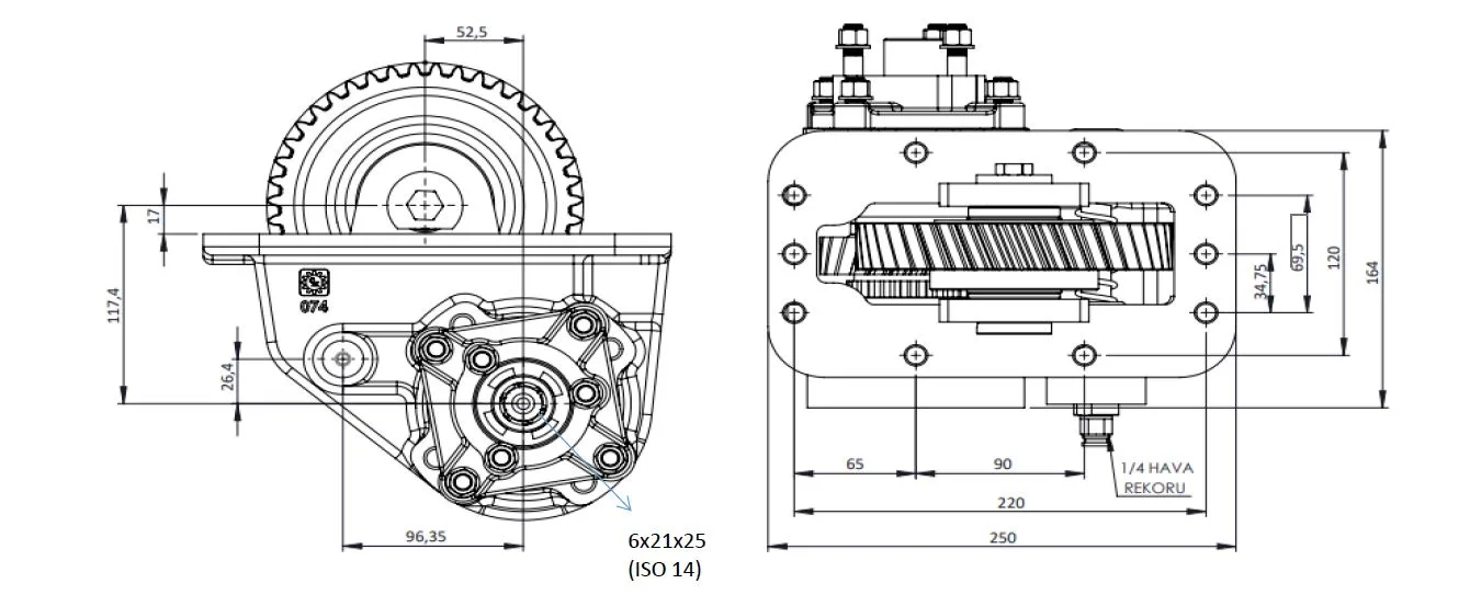 CTM 074 AC2 PTO teknik çizimi — kesit, ölçü ve montaj şeması