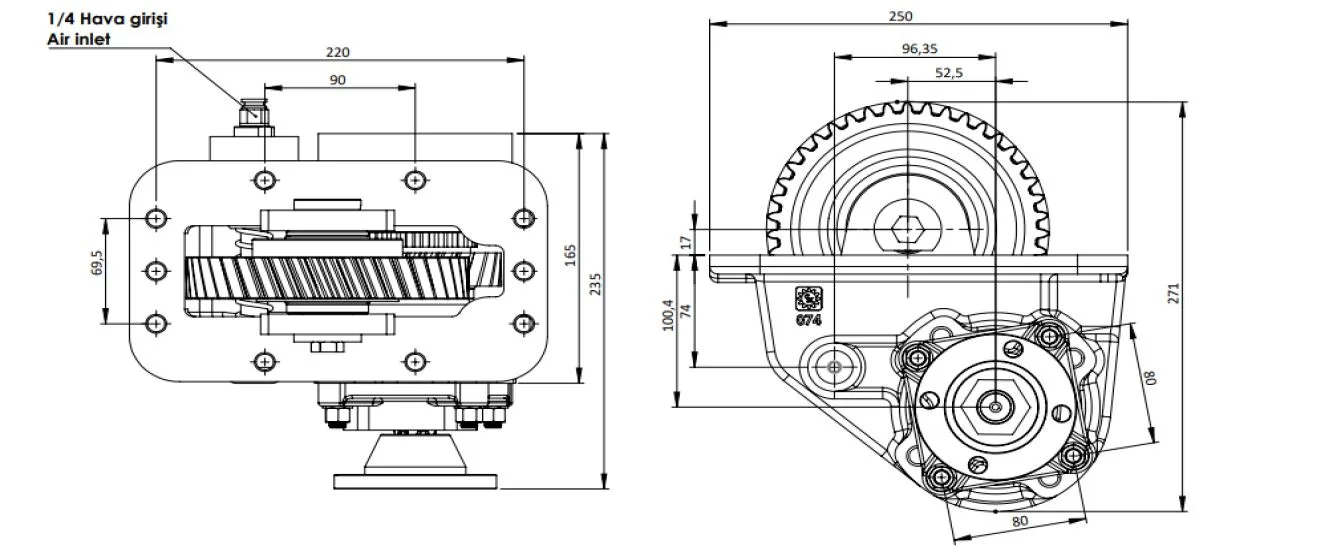 CTM 074 AD PTO teknik çizimi — kesit, ölçü ve montaj şeması