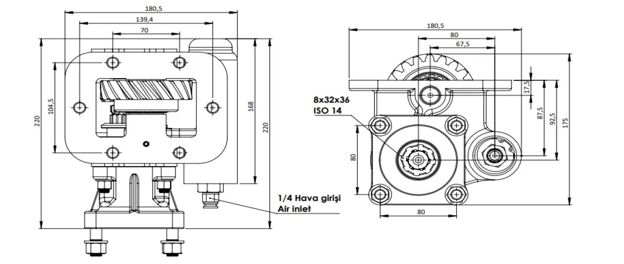 CTM 076 AC1 PTO teknik çizimi — kesit, ölçü ve montaj şeması