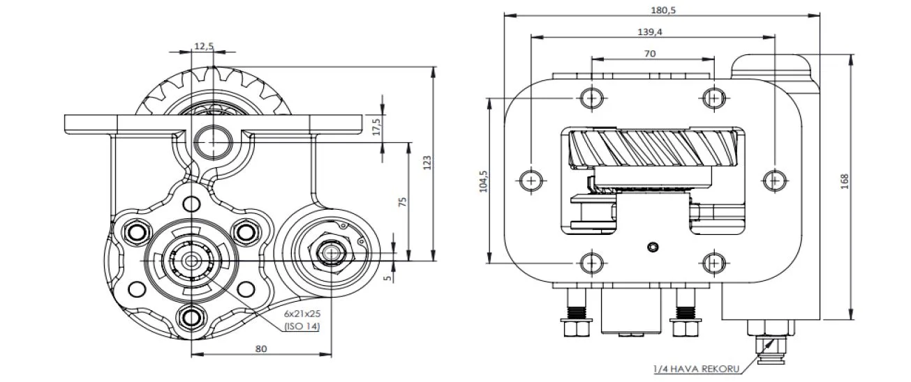 CTM 076 AC2 PTO teknik çizimi — kesit, ölçü ve montaj şeması