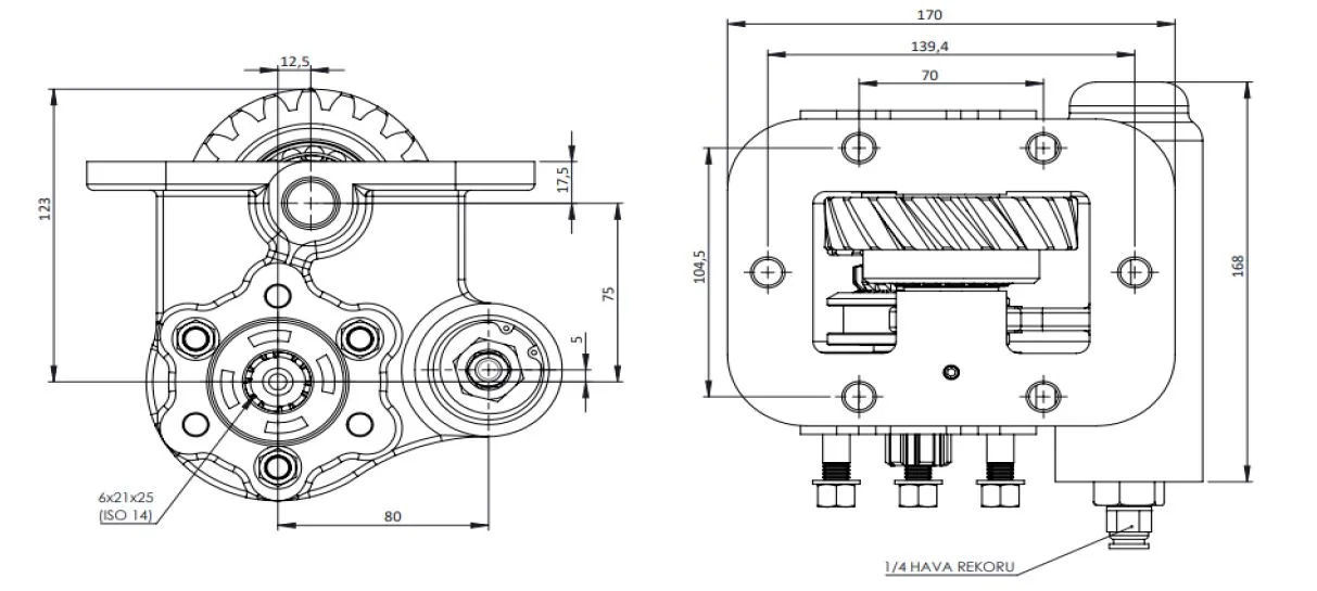 CTM 076 AE PTO teknik çizimi — kesit, ölçü ve montaj şeması