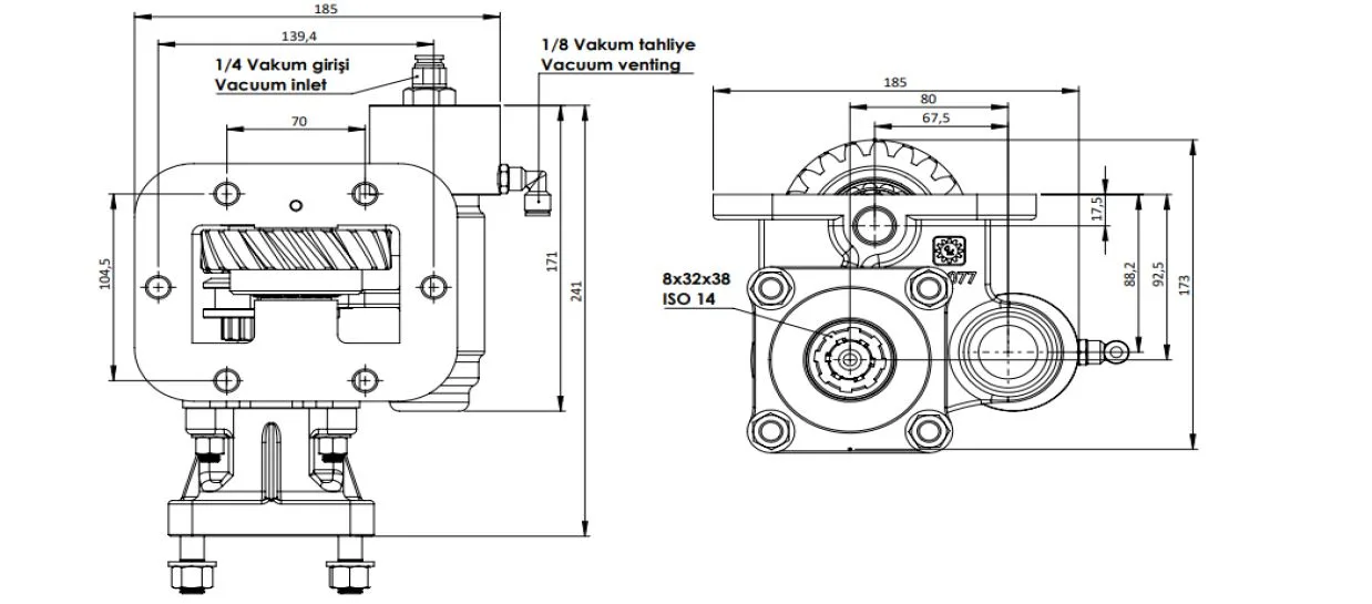 CTM 076 BC1 KV PTO teknik çizimi — kesit, ölçü ve montaj şeması