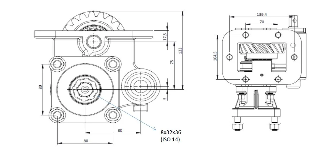 CTM 076 BC1 PTO teknik çizimi — kesit, ölçü ve montaj şeması