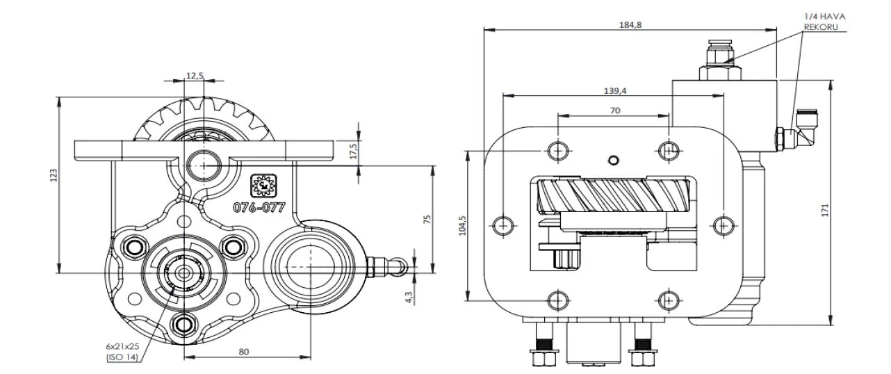 CTM 076 BC2 KV PTO teknik çizimi — kesit, ölçü ve montaj şeması