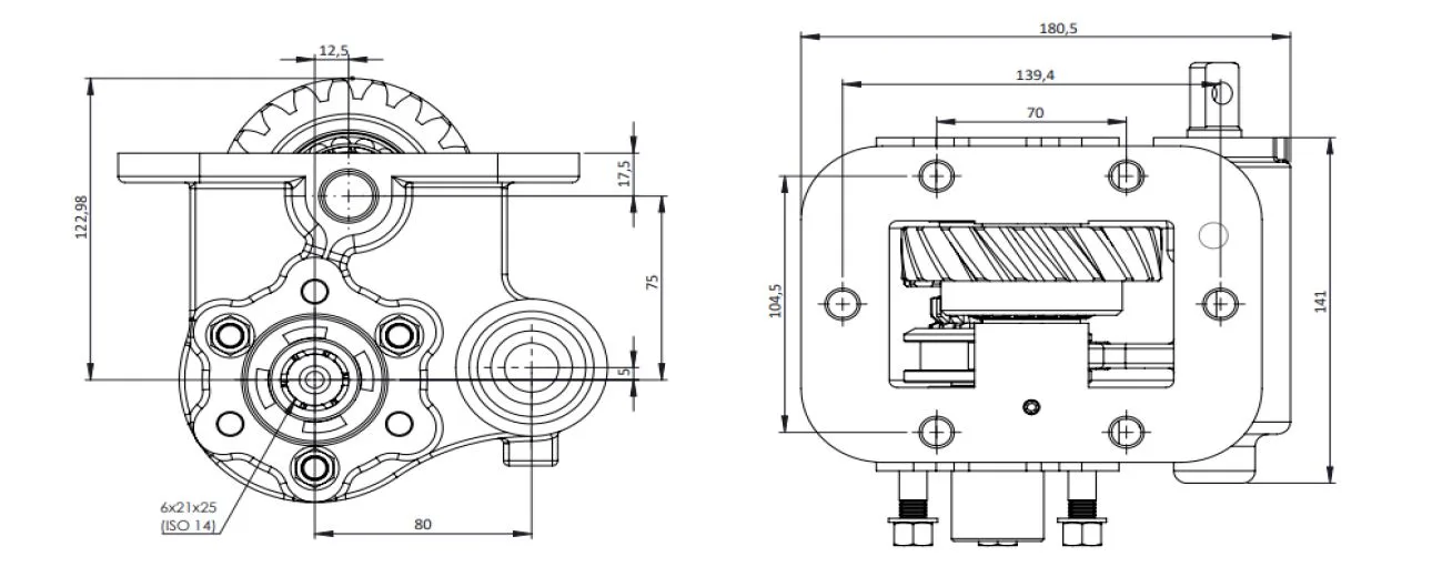 CTM 076 BC2 PTO teknik çizimi — kesit, ölçü ve montaj şeması