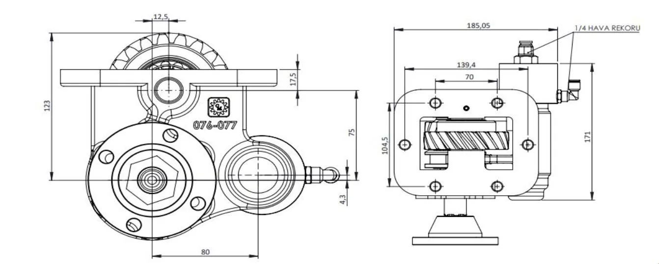 CTM 076 BD KV PTO teknik çizimi — kesit, ölçü ve montaj şeması