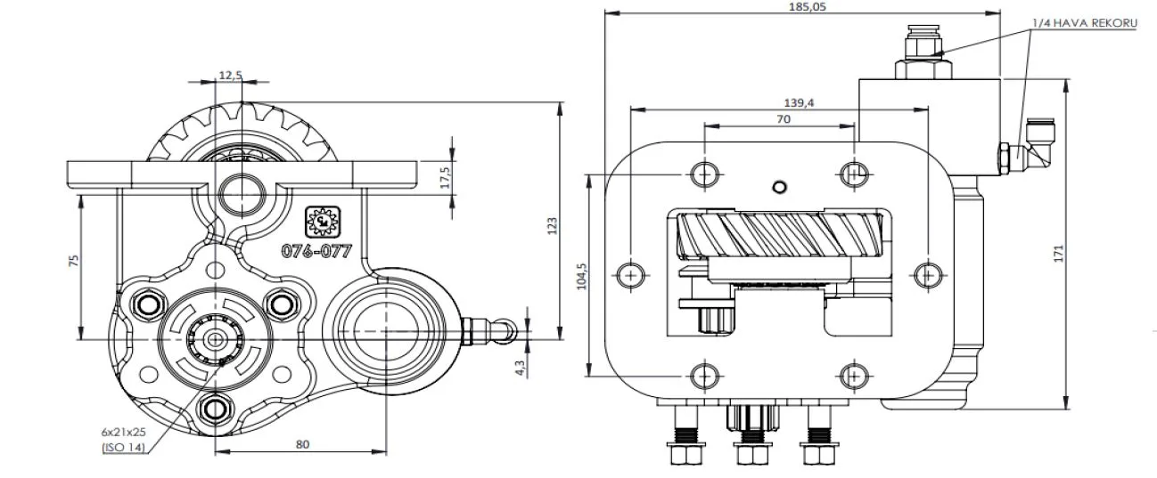 CTM 076 BE KV PTO teknik çizimi — kesit, ölçü ve montaj şeması