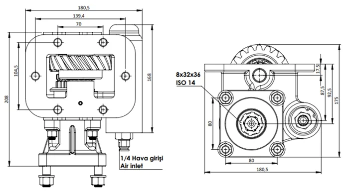 CTM 077 AC1 PTO teknik çizimi — kesit, ölçü ve montaj şeması