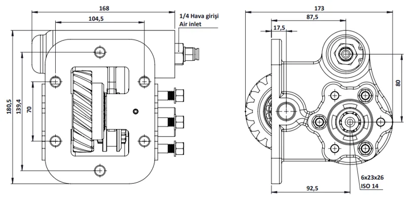 CTM 077 AC2 PTO teknik çizimi — kesit, ölçü ve montaj şeması