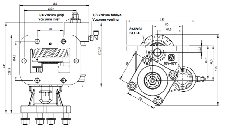 CTM 077 BC1 KV PTO teknik çizimi — kesit, ölçü ve montaj şeması