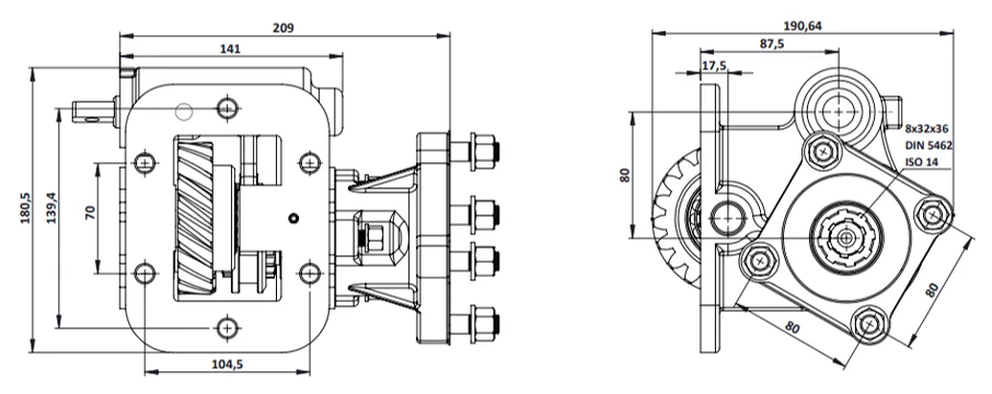 CTM 077 BC1 PTO teknik çizimi — kesit, ölçü ve montaj şeması
