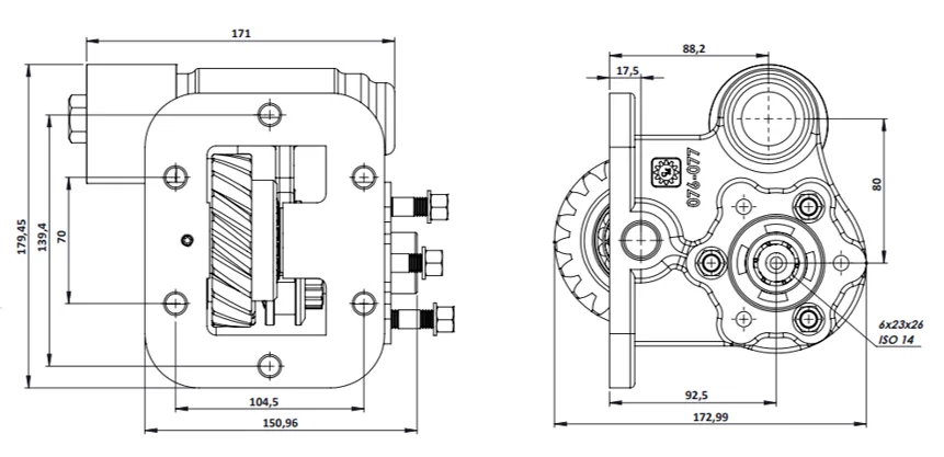 CTM 077 BC2 KV PTO teknik çizimi — kesit, ölçü ve montaj şeması