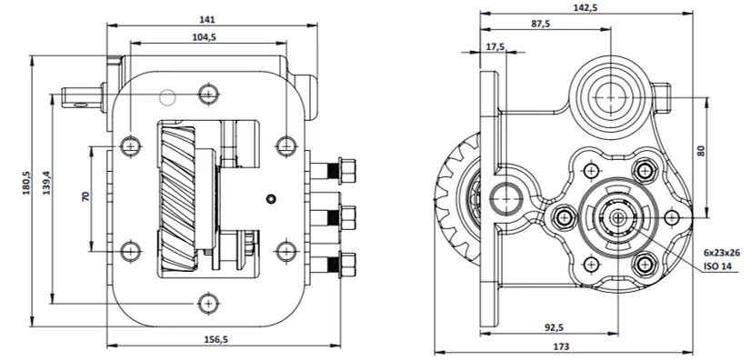 CTM 077 BC2 PTO teknik çizimi — kesit, ölçü ve montaj şeması