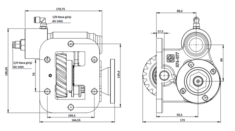 CTM 077 BD KV PTO teknik çizimi — kesit, ölçü ve montaj şeması