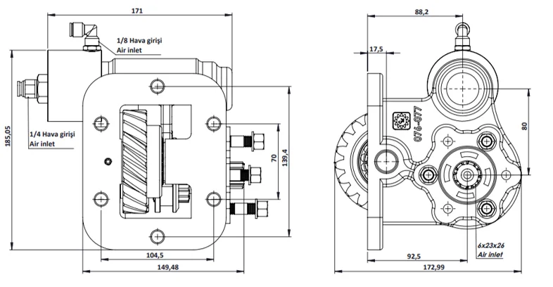 CTM 077 BE KV PTO teknik çizimi — kesit, ölçü ve montaj şeması