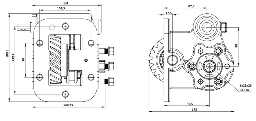 CTM 077 BE PTO teknik çizimi — kesit, ölçü ve montaj şeması