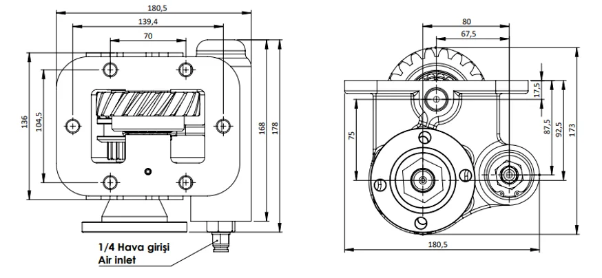 CTM 077 AD PTO teknik çizimi — kesit, ölçü ve montaj şeması