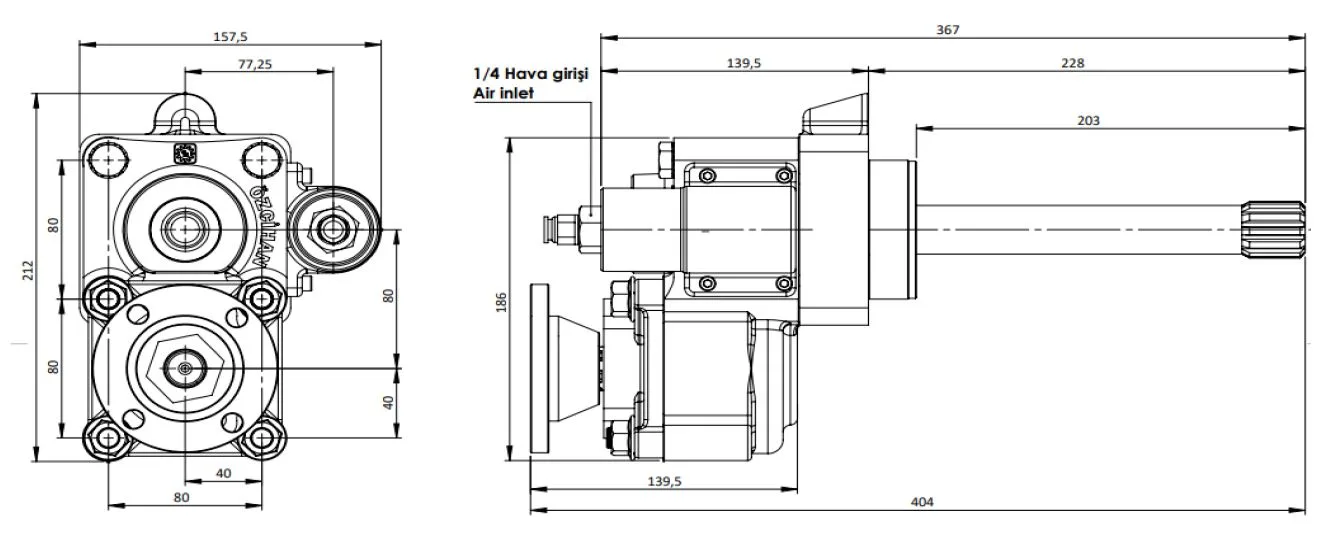 CTM 079 ADF PTO teknik çizimi — kesit, ölçü ve montaj şeması