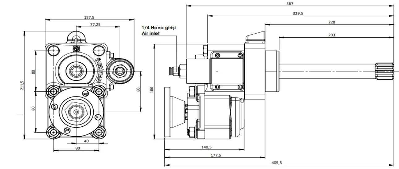 CTM 079 AD1F PTO teknik çizimi — kesit, ölçü ve montaj şeması