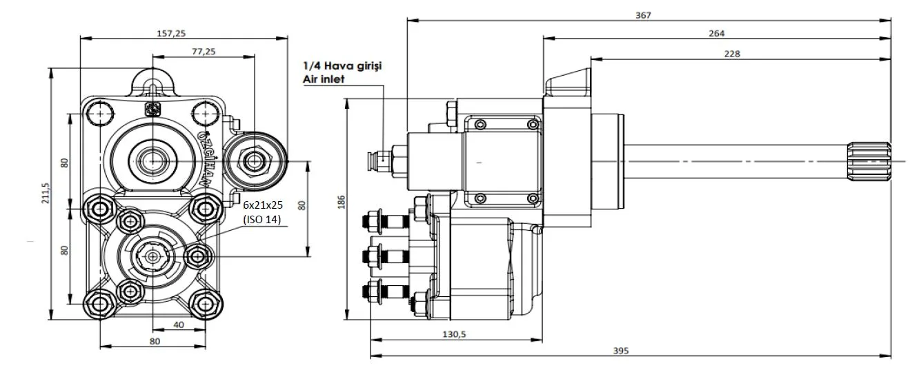 CTM 079 AC2 PTO teknik çizimi — kesit, ölçü ve montaj şeması