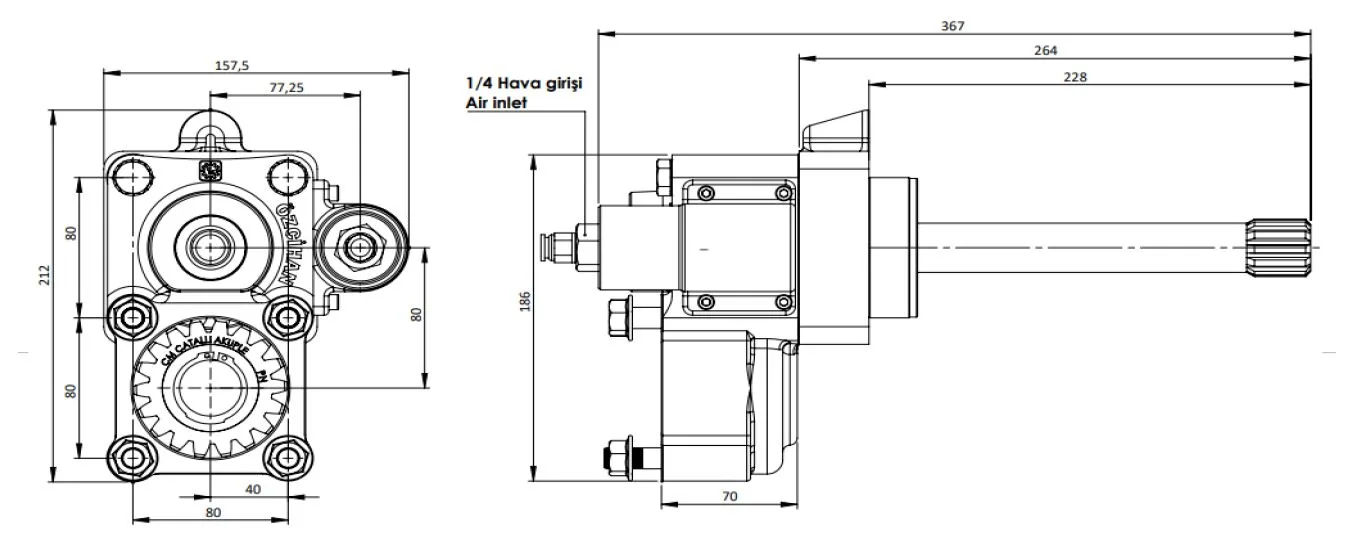 CTM 079 AC1 PTO teknik çizimi — kesit, ölçü ve montaj şeması