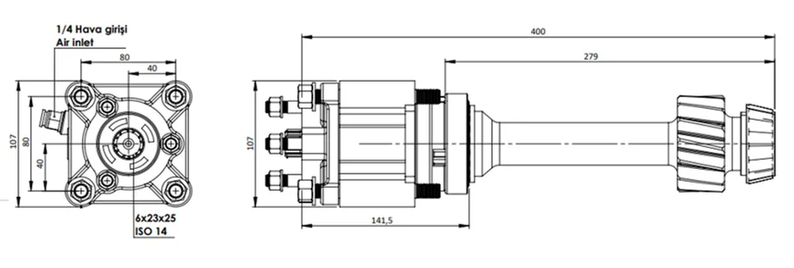 CTM 080 AEF PTO teknik çizimi — kesit, ölçü ve montaj şeması