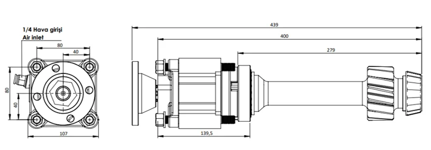 CTM 080 ADF PTO teknik çizimi — kesit, ölçü ve montaj şeması