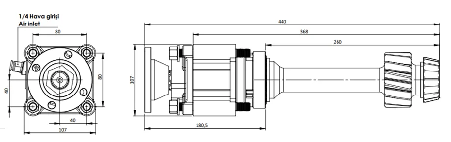 CTM 080 AD1F PTO teknik çizimi — kesit, ölçü ve montaj şeması