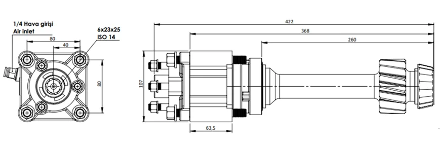 CTM 080 AC2F PTO teknik çizimi — kesit, ölçü ve montaj şeması