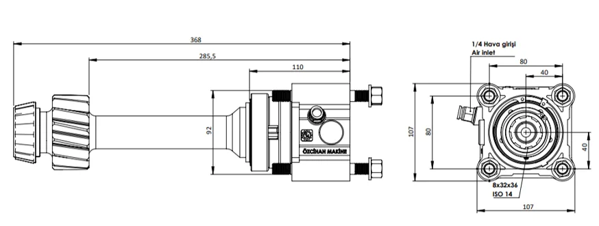 CTM 080 AC1F PTO teknik çizimi — kesit, ölçü ve montaj şeması