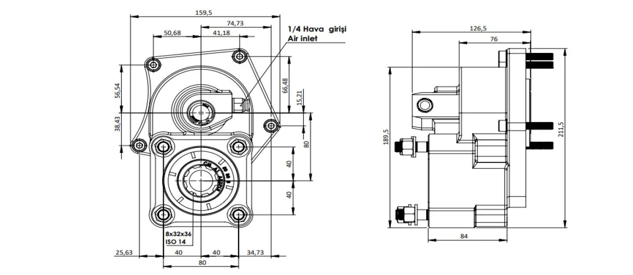 CTM 081 A1 PTO teknik çizimi — kesit, ölçü ve montaj şeması