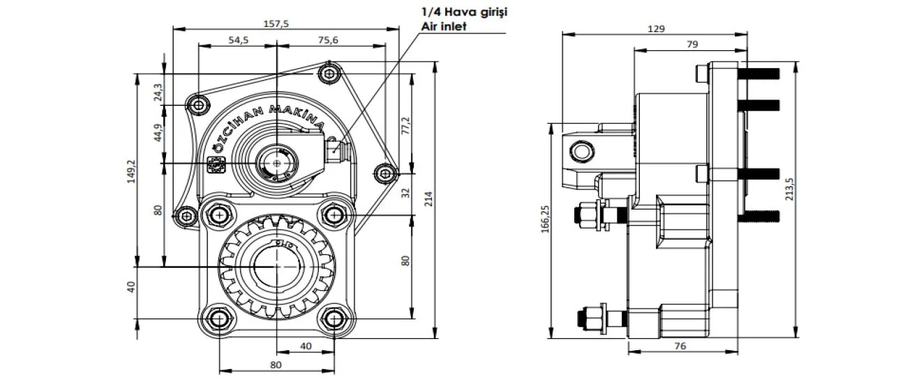 CTM 081 AC1 PTO teknik çizimi — kesit, ölçü ve montaj şeması