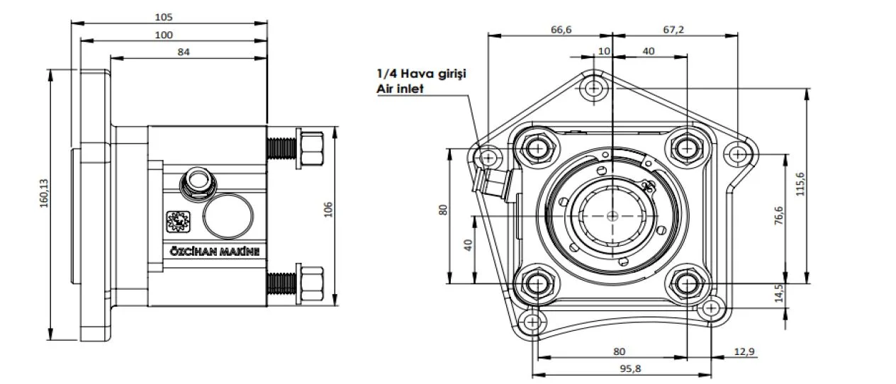 CTM 081 AC1 T PTO teknik çizimi — kesit, ölçü ve montaj şeması